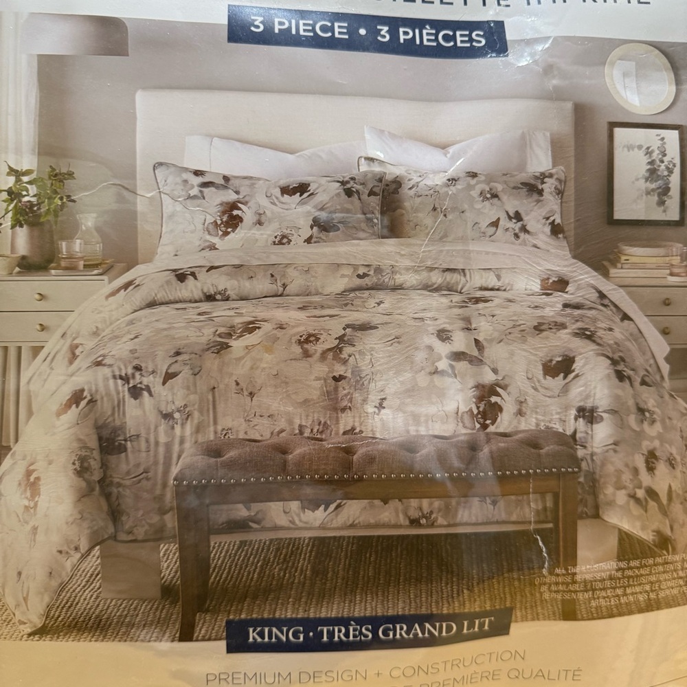 BNWT Springmaid King Comforter+2 King Pillowcases-Taupe, Off-White, Browns Color